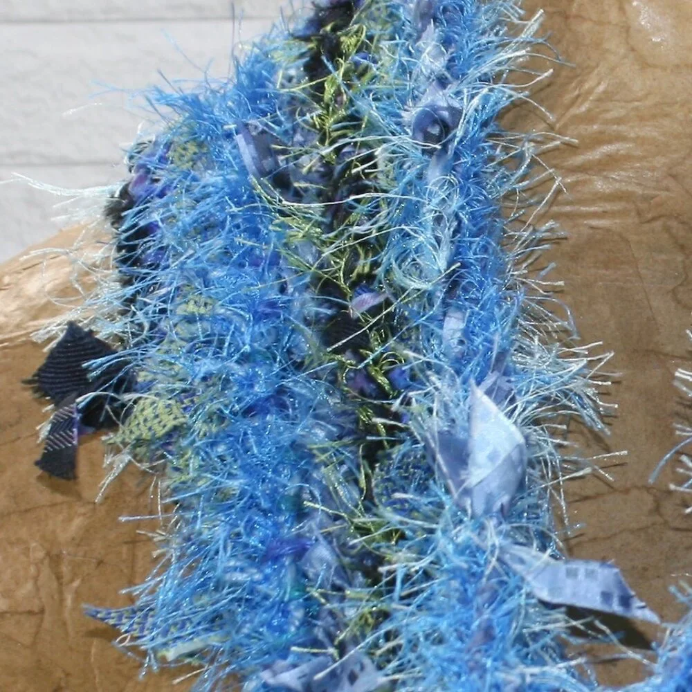 HAND CRAFTED Scarf Upcycled Crochet Infinity Oversized Fuzzy Necktie Blue Stripe
